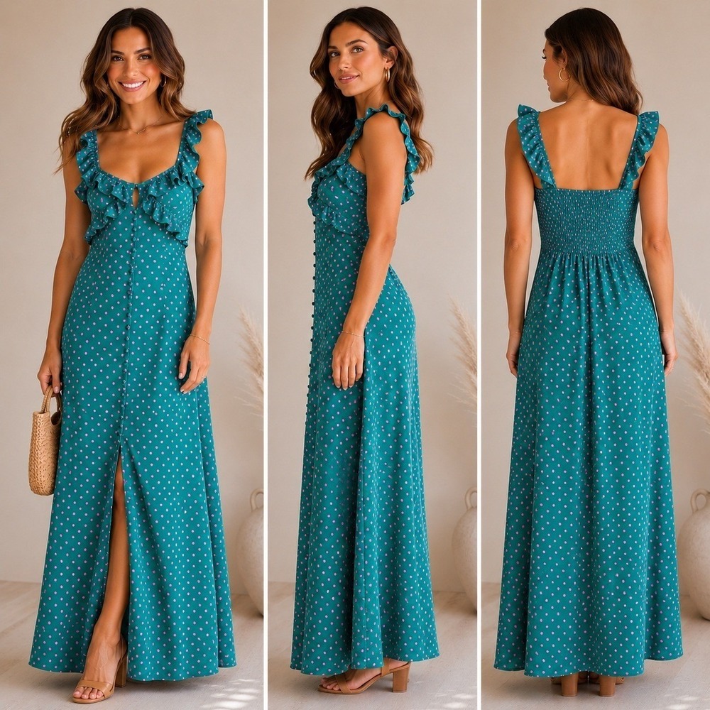 Kate Spade Women 8 Maxi Dress Green Pink Polka Dot Ruffle Romantic Cottagecore